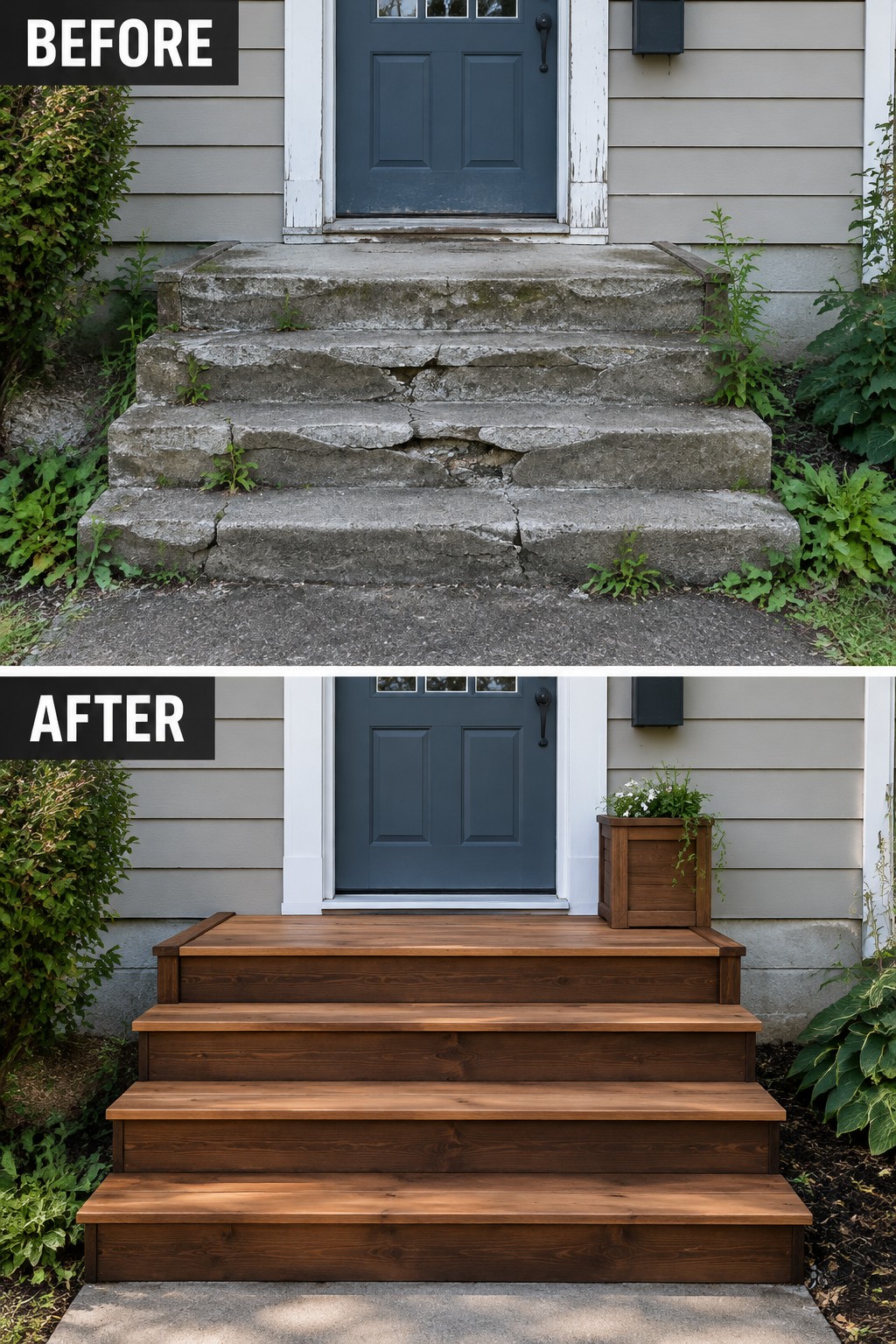 Before and after of cracked concrete steps replaced by new wooden stairs at blue door entrance.