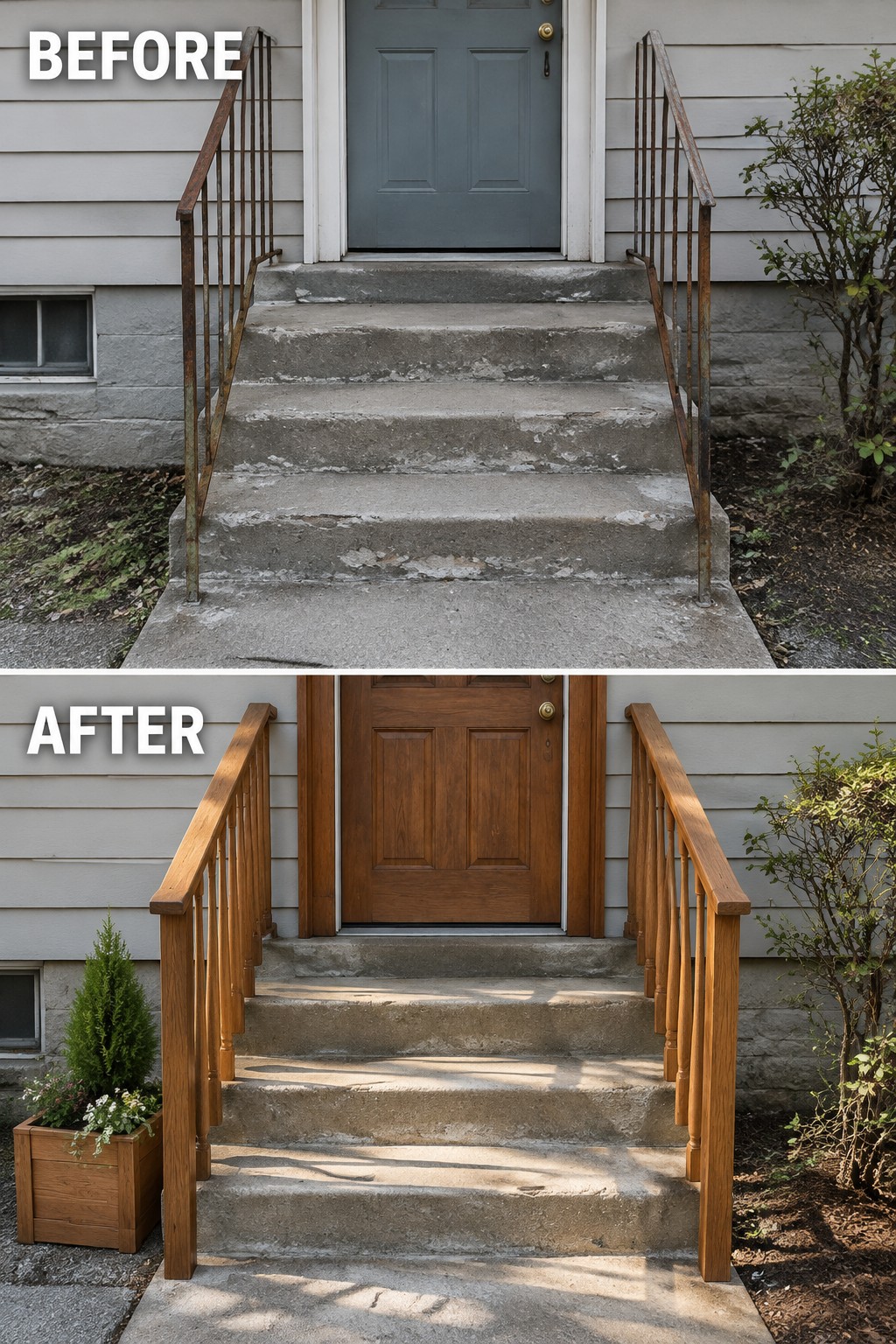 Before and after of concrete stairs with rusted metal and new wooden railings.