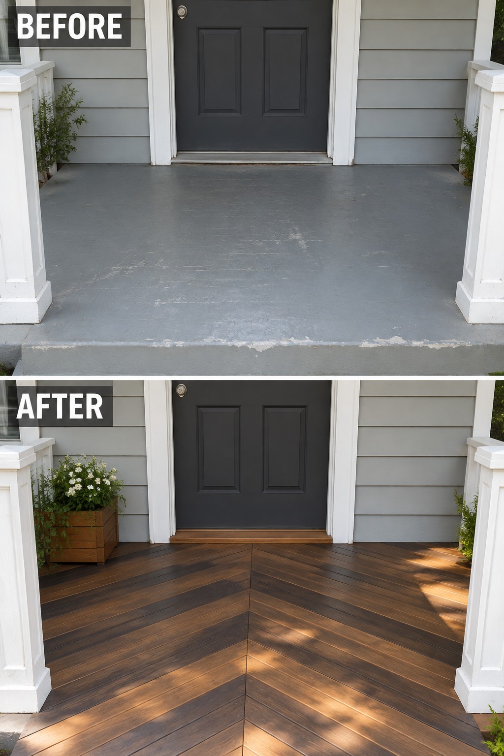 Before and after porch with gray concrete replaced by herringbone wood decking.