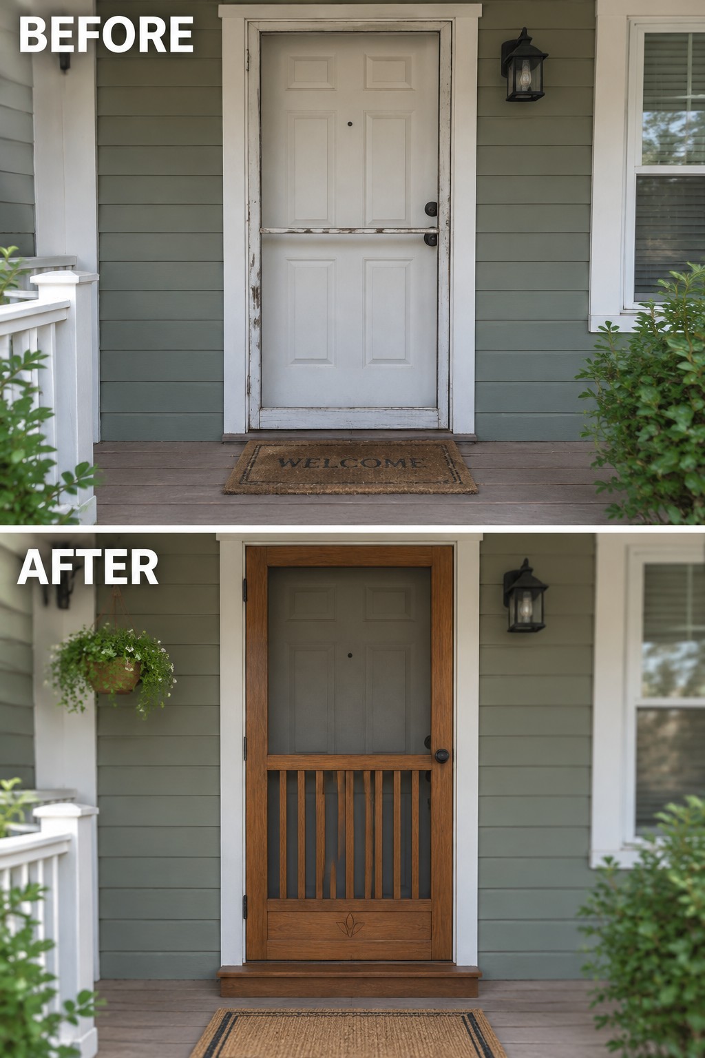 Before-and-after of green house door changed from peeling white to brown wood with glass.