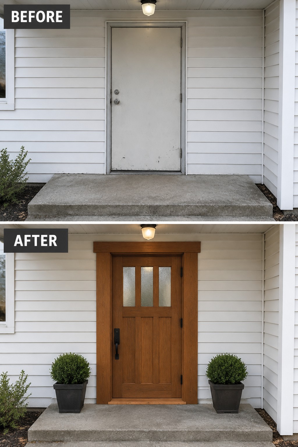 Before and after of white door replaced by wooden door with potted plants.