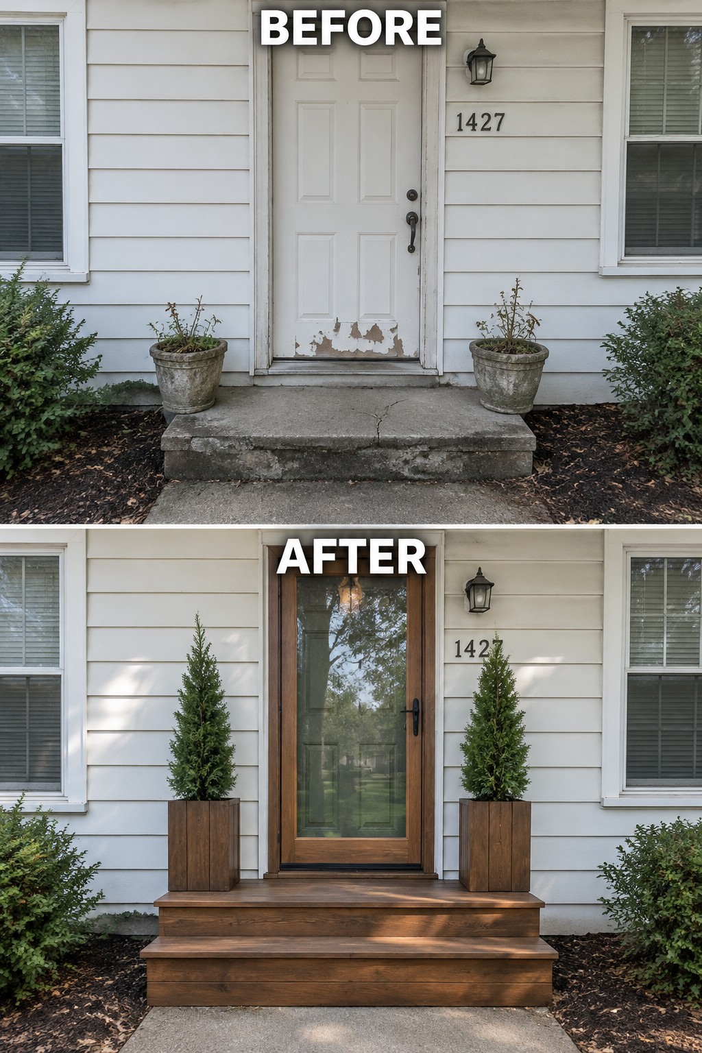 Before and after front entrance with new wood door, steps, and planters.
