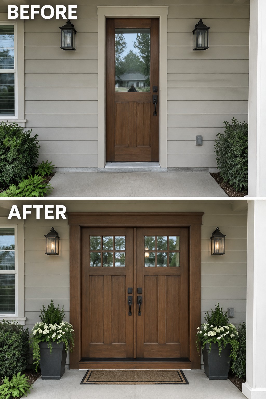 Before and after of single door replaced by double wooden doors with planters.