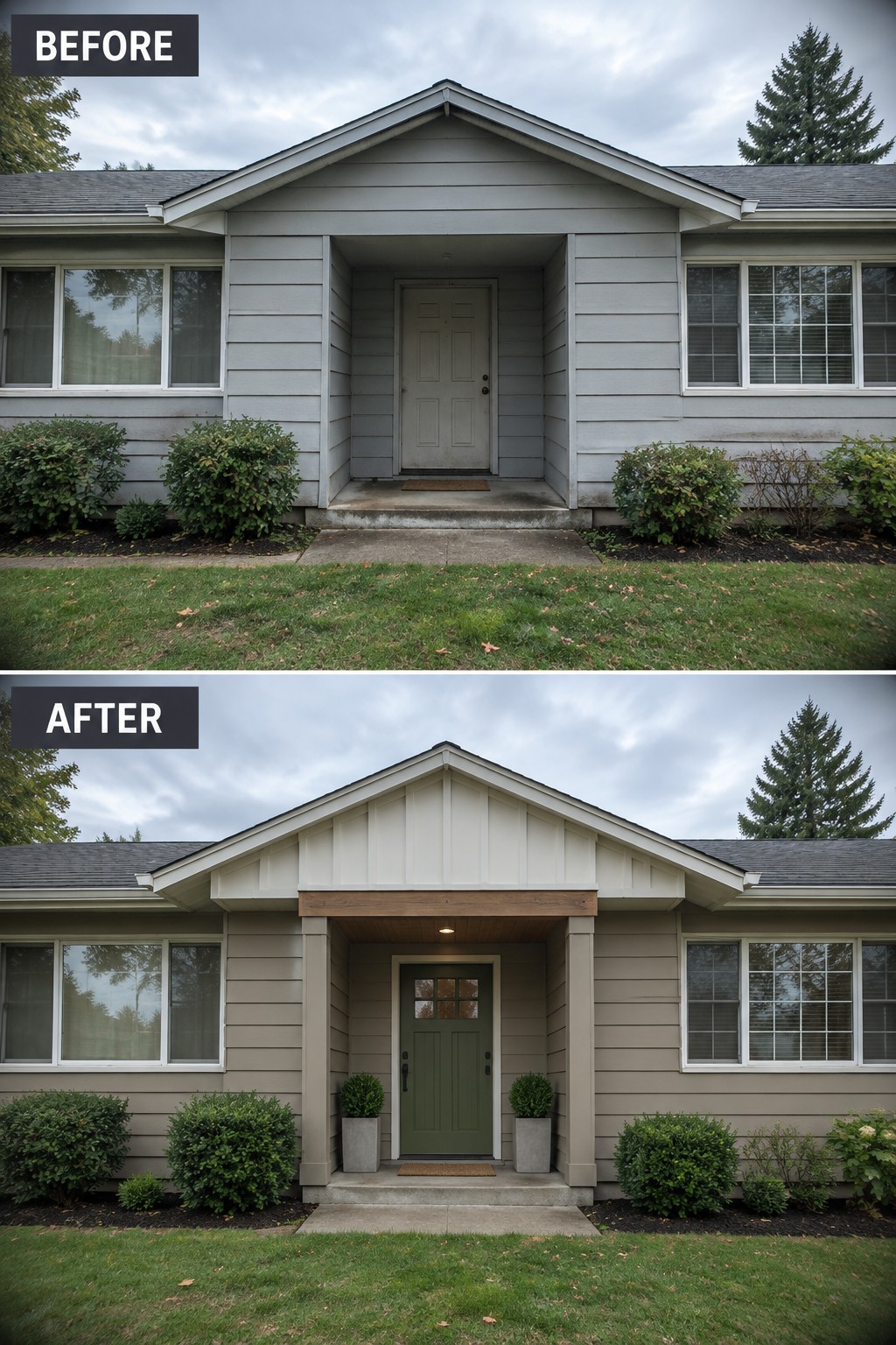 Before and after house exterior with new beige siding, green door, and porch awning.