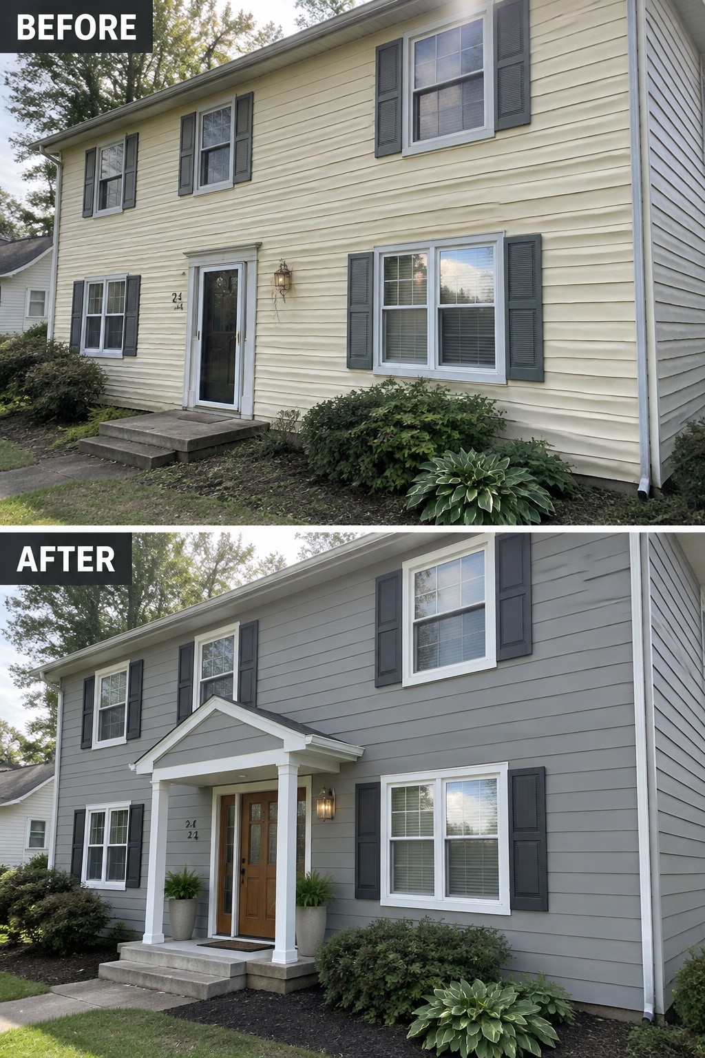 Before-and-after image of a ranch house showing yellow siding and a basic entry changed to gray siding with a new white gabled portico over the front door.