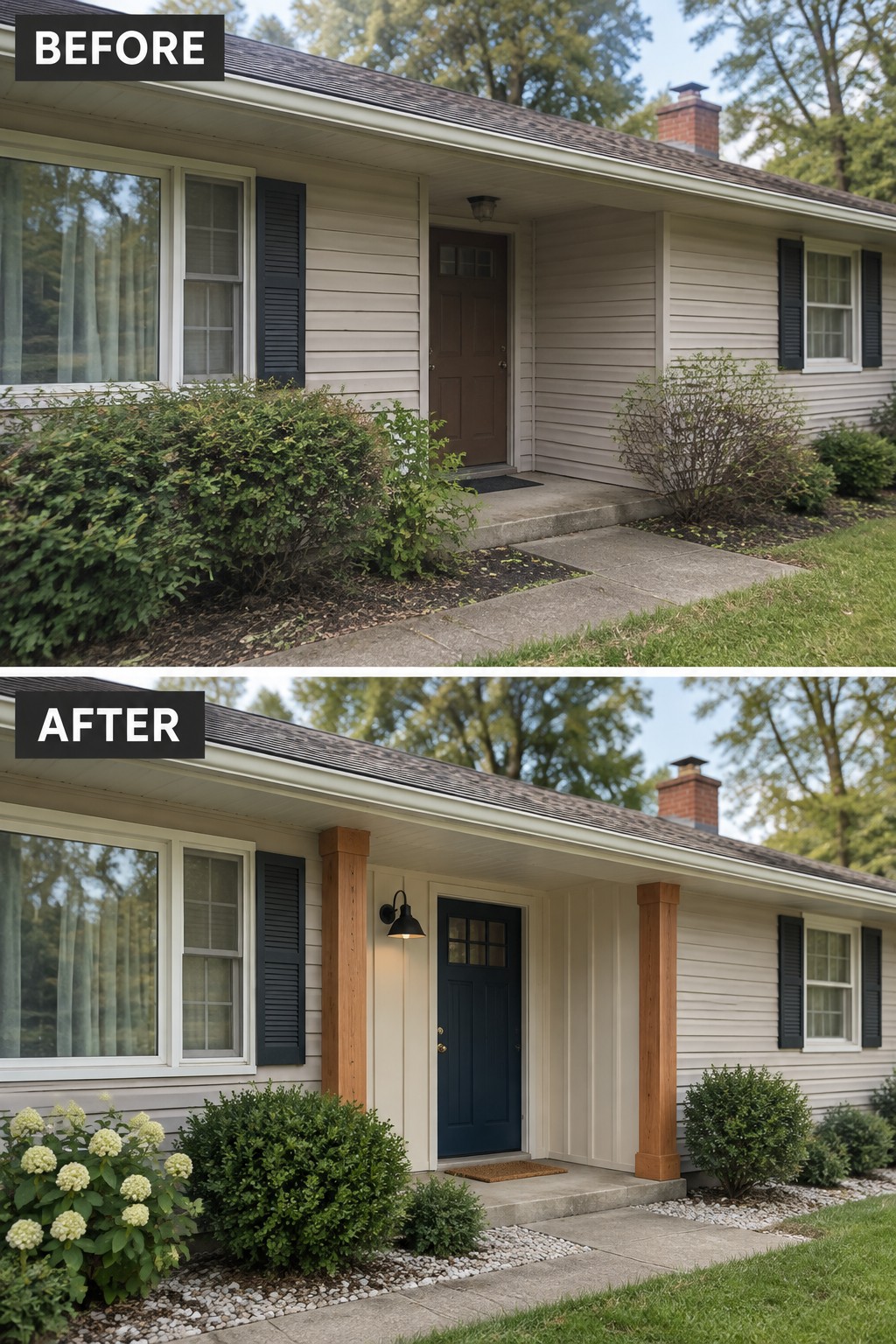 Before and after of house with new navy door, wood posts, and garden.