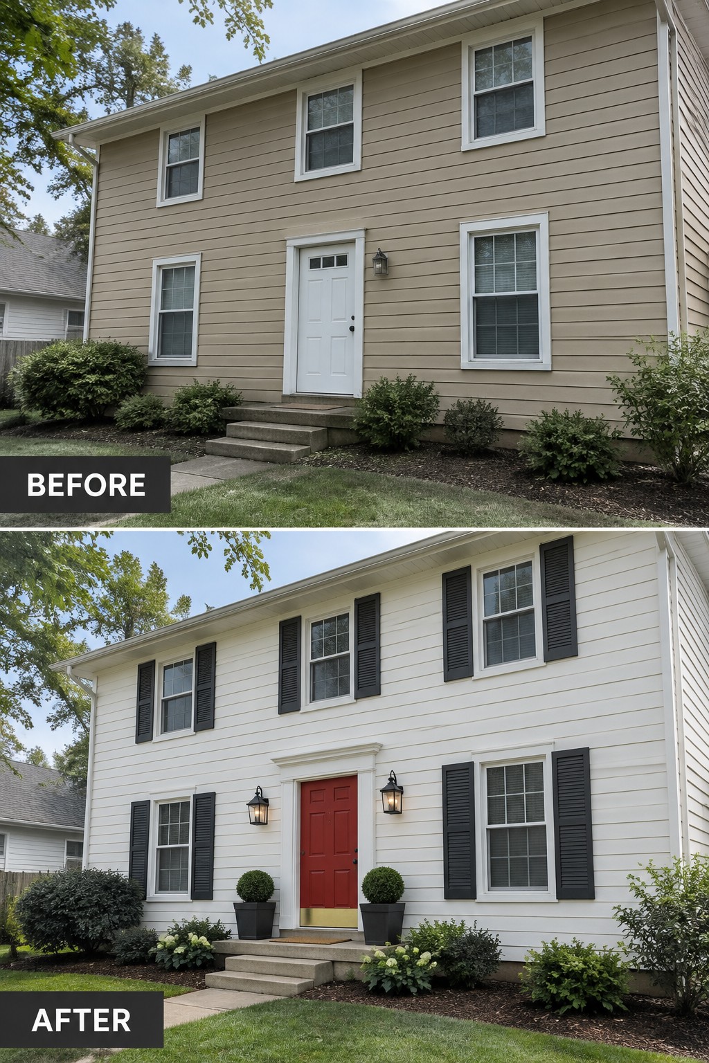Before and after house exterior with beige-to-white siding, white-to-red door, black shutters.