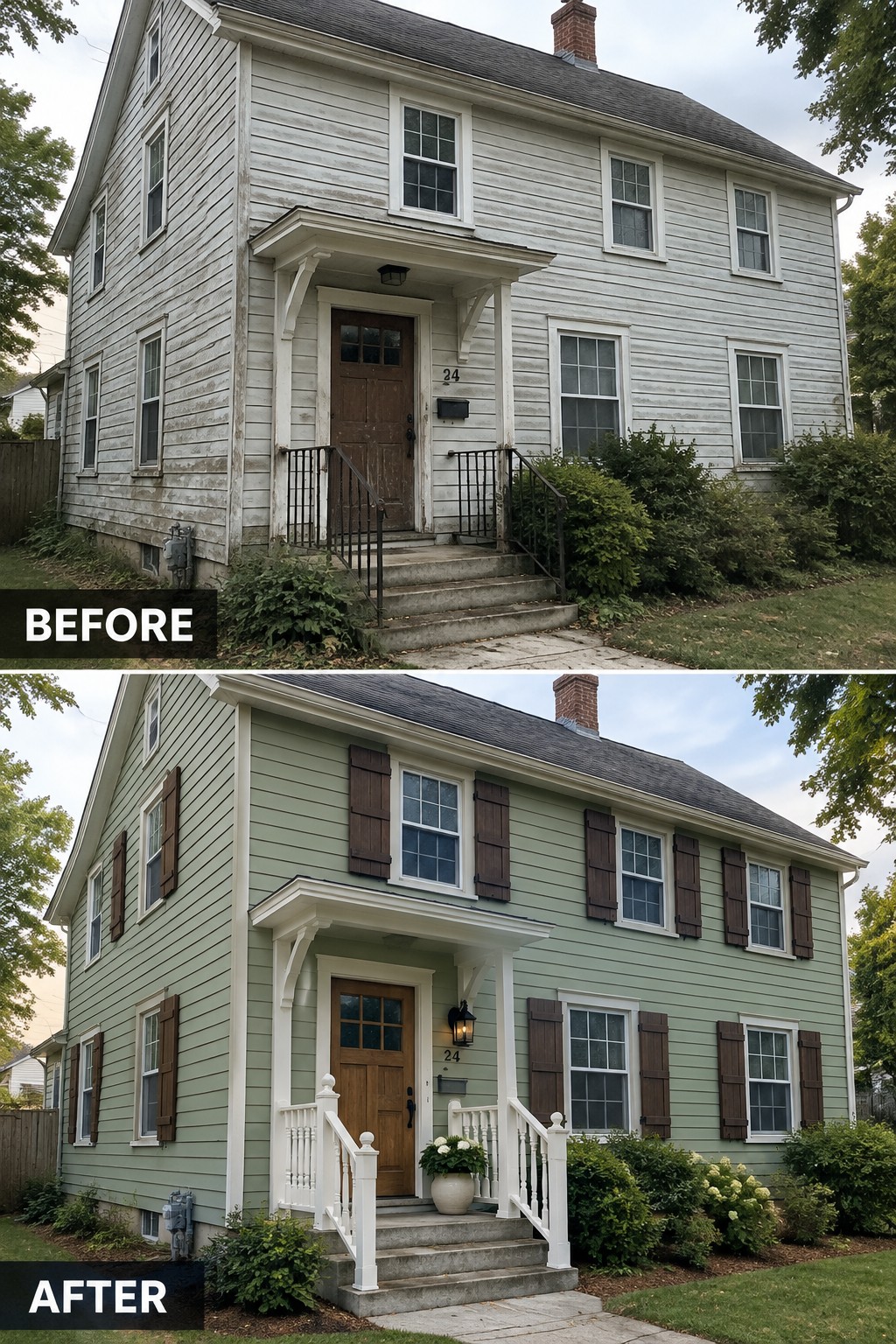 Before-and-after house exterior: weathered white to light green with brown shutters added