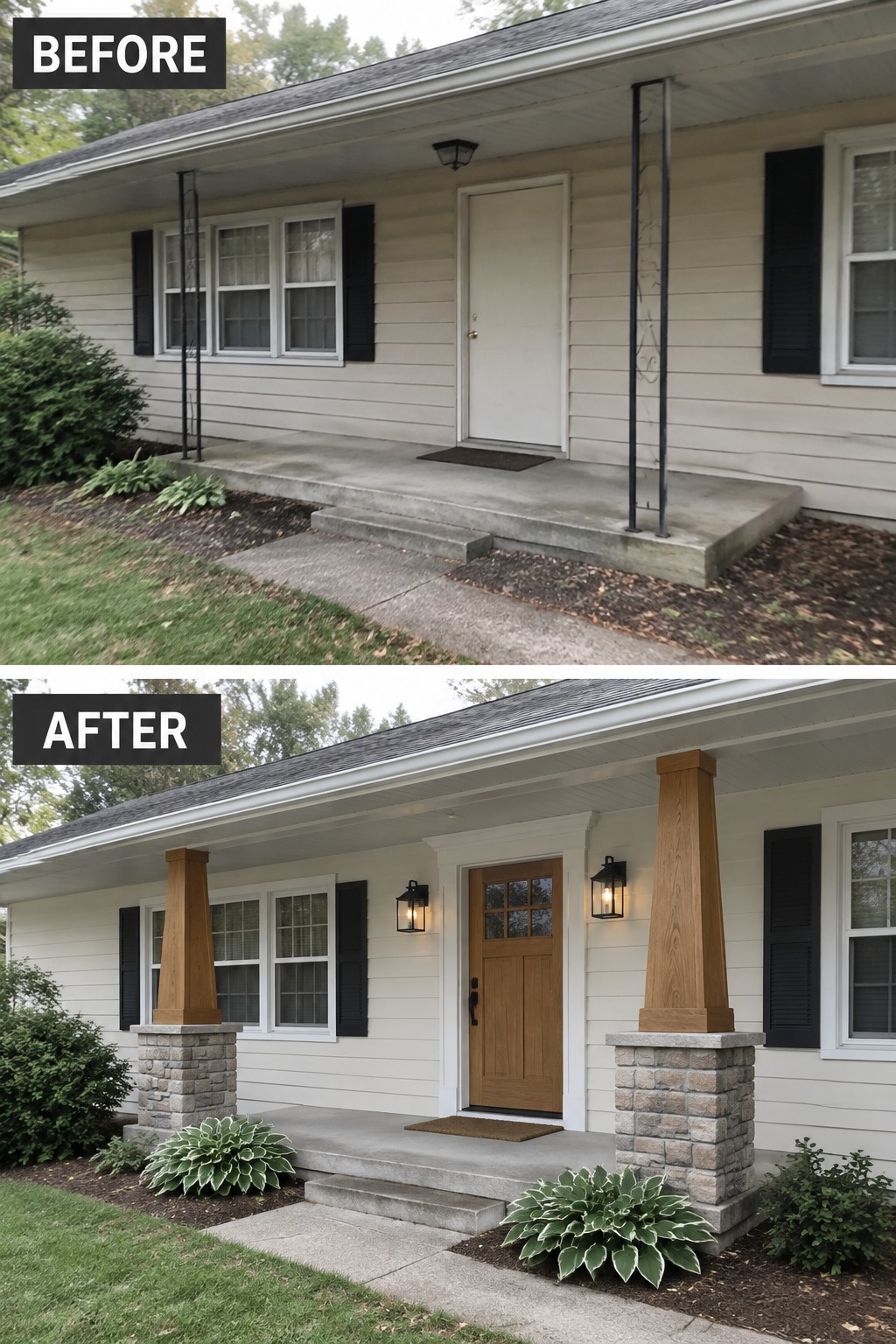 Before-and-after image of a ranch house front entry with thin metal posts replaced by thick wood columns on stone bases and a new wooden door.