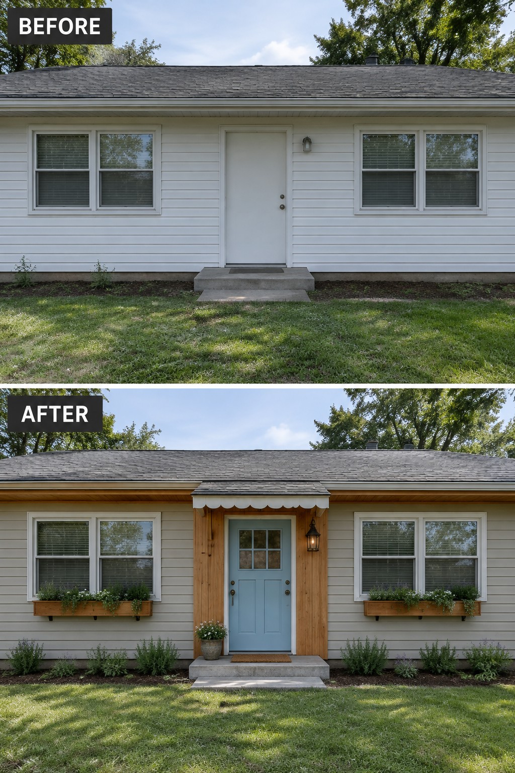 Before and after house exterior with new blue door, wood trim, and flower boxes.