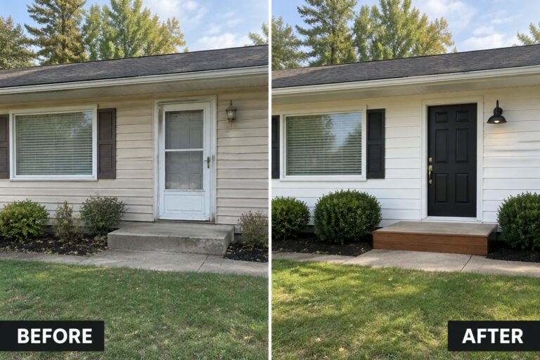 Before-and-after house entrance: beige siding with white door becomes white siding with black door and wood steps