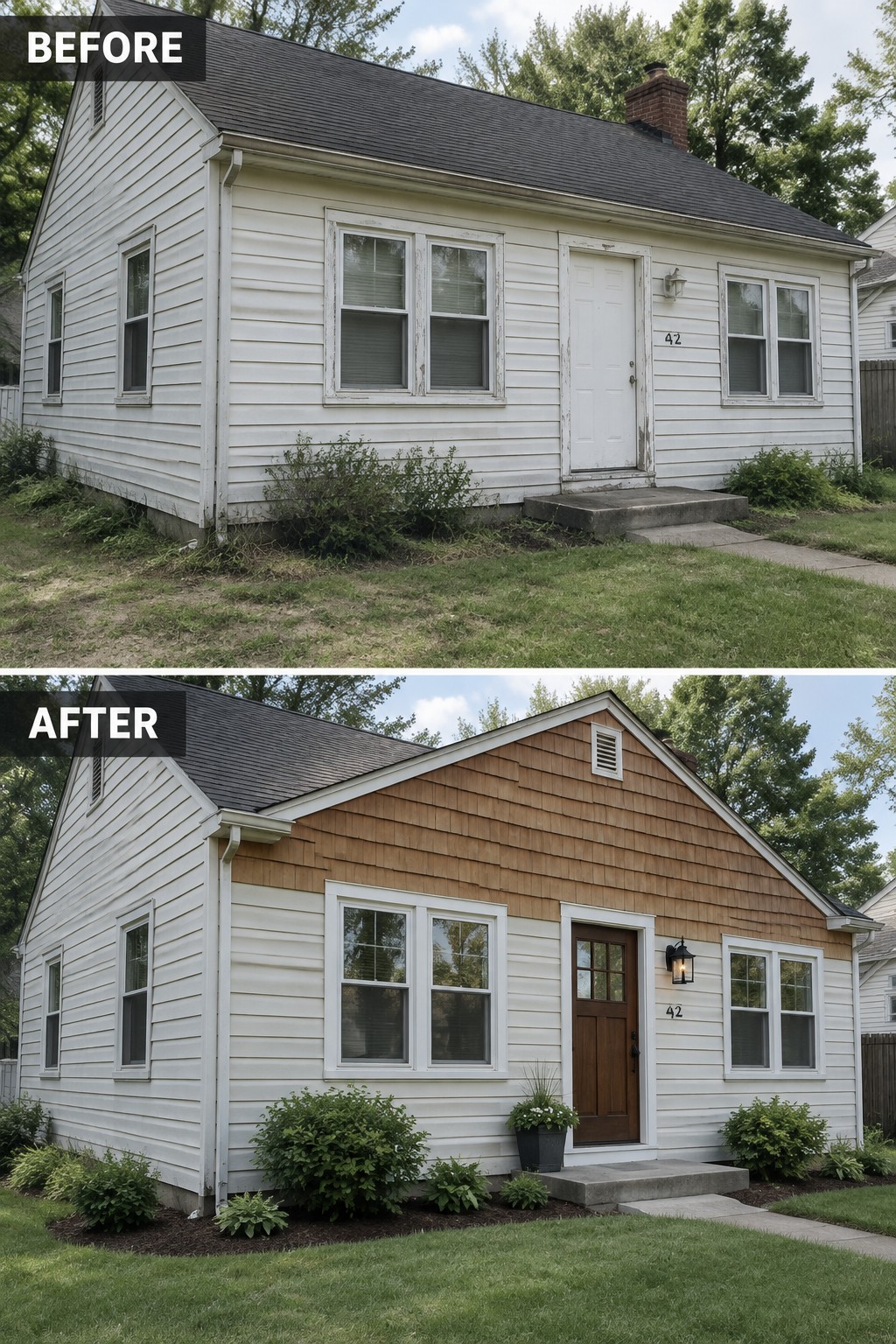 Before and after of white house renovated with brown shingles and new landscaping.