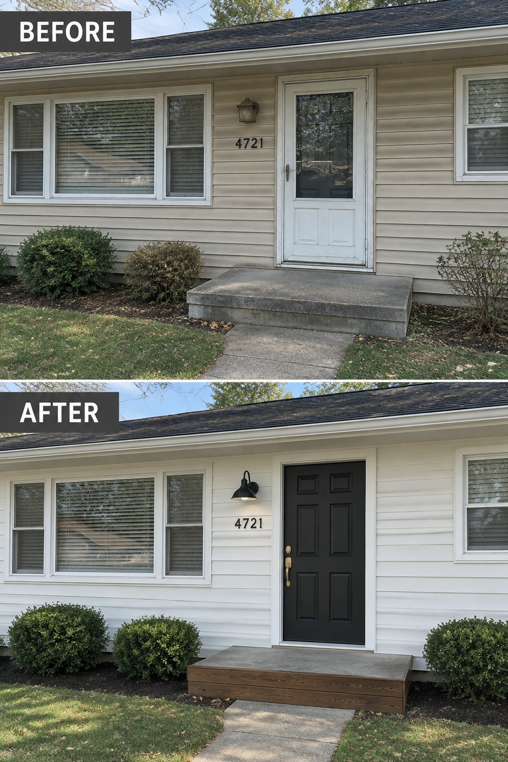 Before-and-after house entrance: beige siding with white door becomes white siding with black door and wood steps