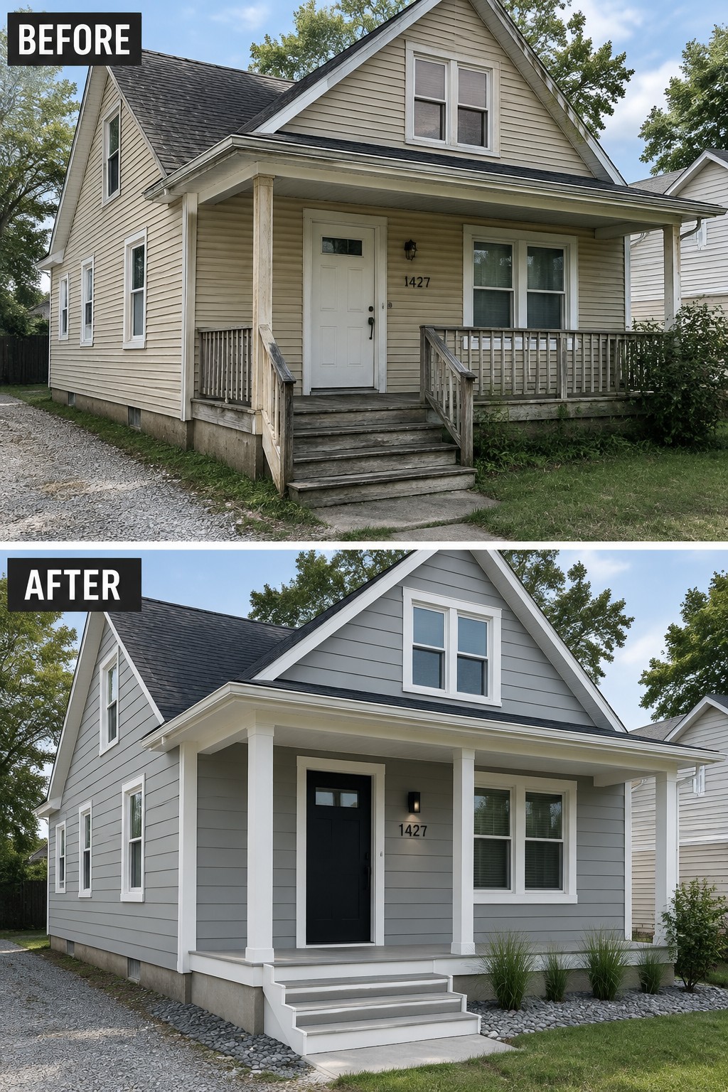 Before and after house exterior: beige siding to gray with white trim and updated porch