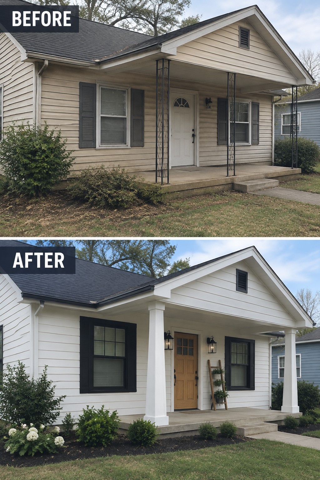 Before and after views of beige house repainted white with black trim and new landscaping