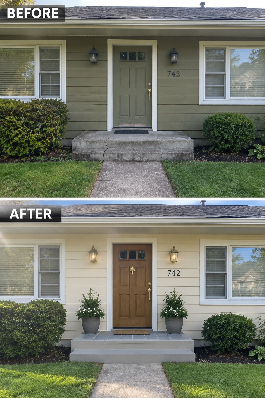 Before-and-after image of a ranch house exterior showing green siding and door changed to cream siding with a brown door and two potted plants added at the entry.