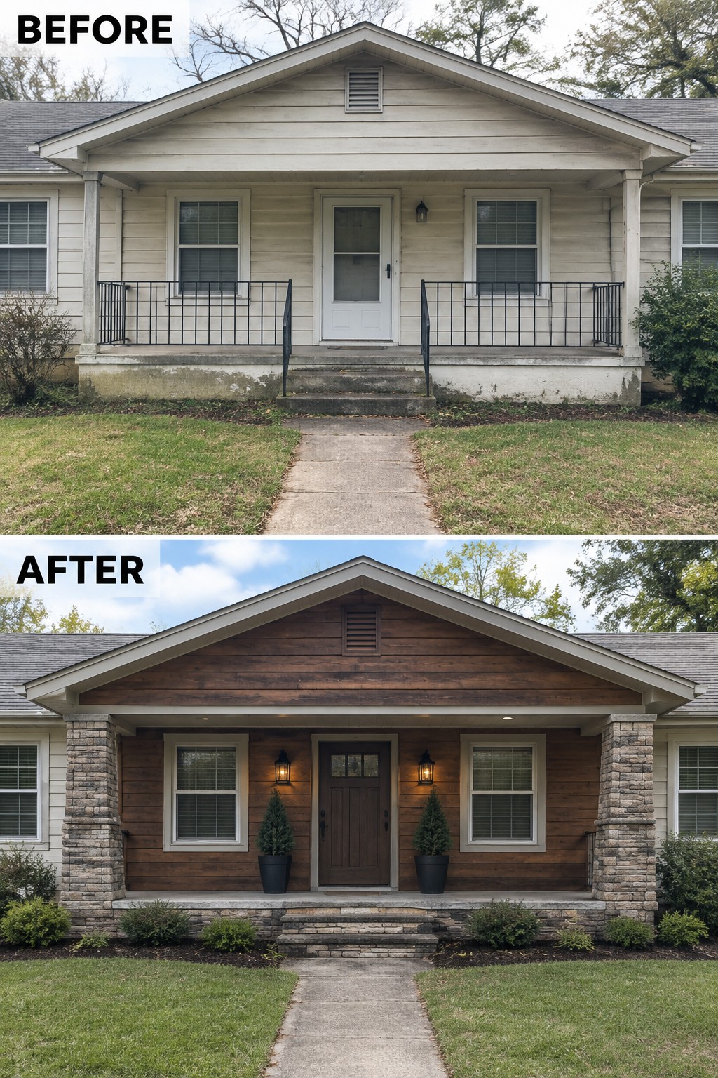 Before-and-after image of a ranch house exterior with light siding updated to dark wood siding, stone columns added to the porch, and new planters placed by the front door.