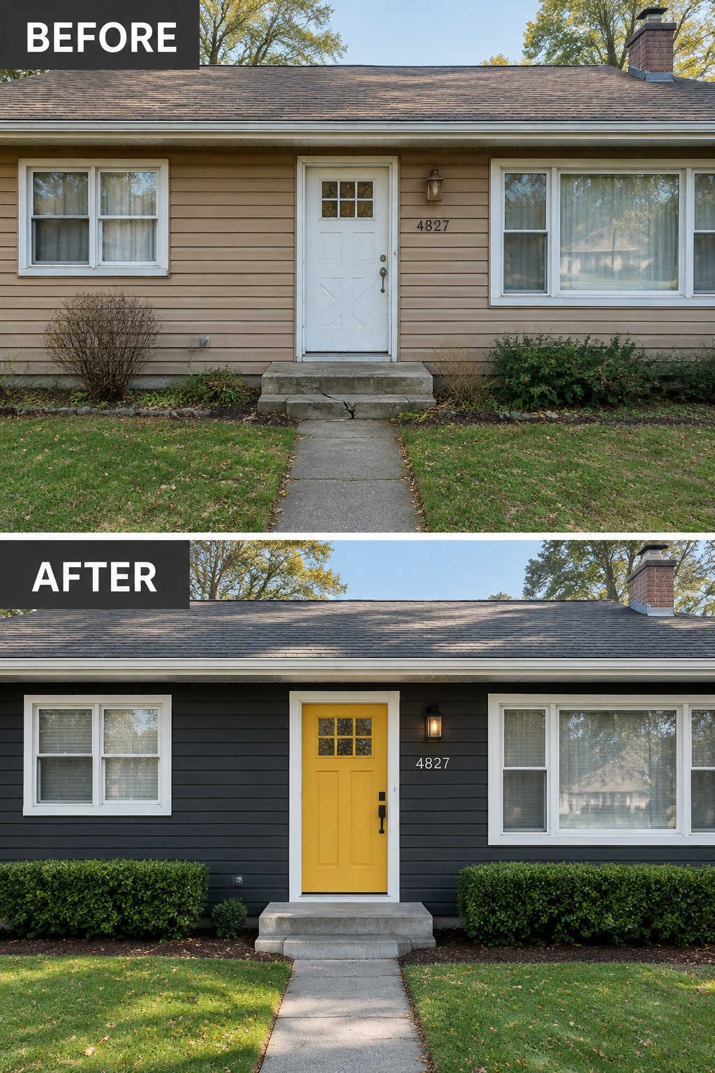 Before-and-after house exterior with dark gray siding and bright yellow door.