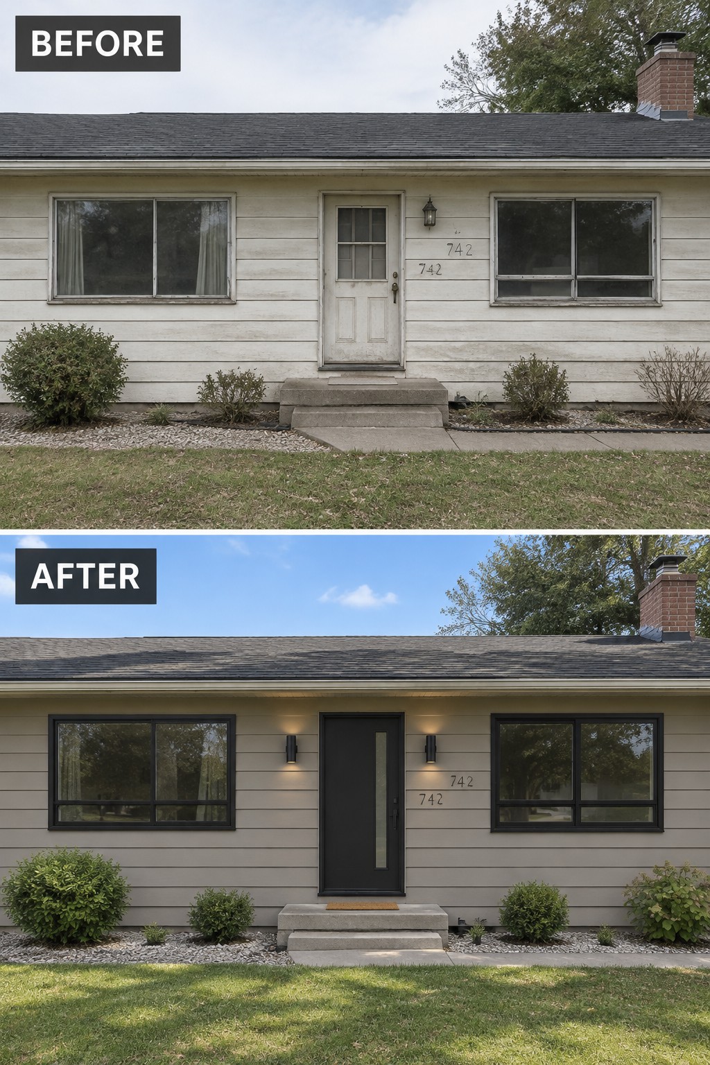Before and after of house with updated black door, windows, and siding
