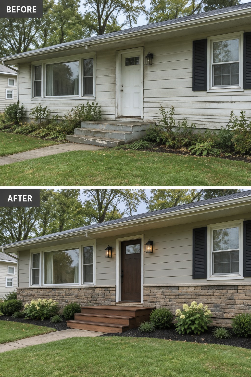 Before and after house exterior renovation with new siding, door, steps, and landscaping