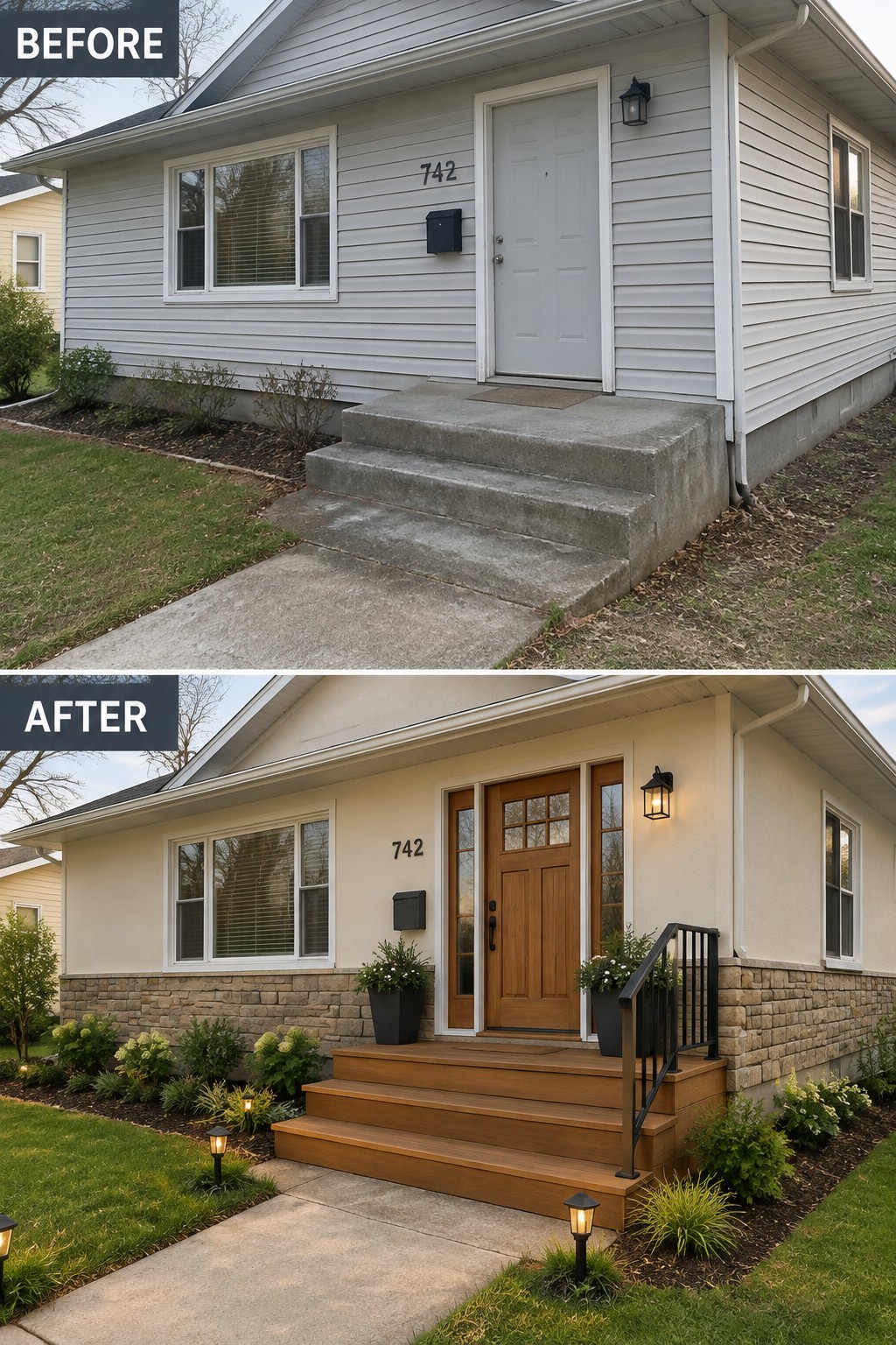 Before and after house exterior renovation with new porch, siding, and landscaping