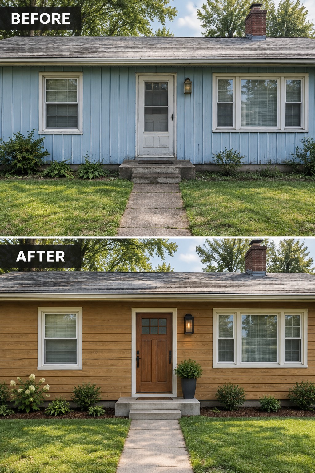 Before and after house exterior with blue siding changed to brown wood.