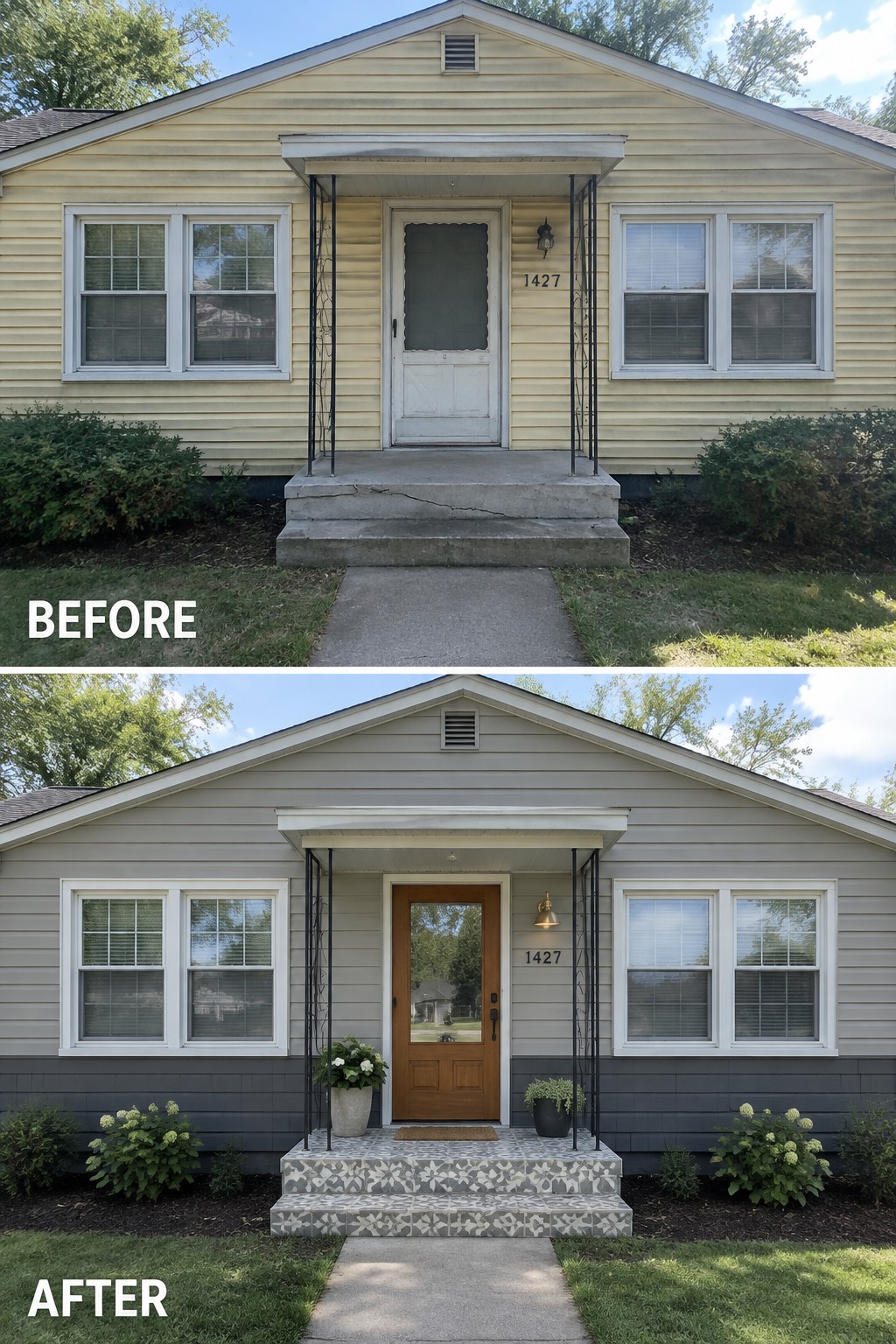 Before and after of house exterior with new gray siding, door, and patterned steps