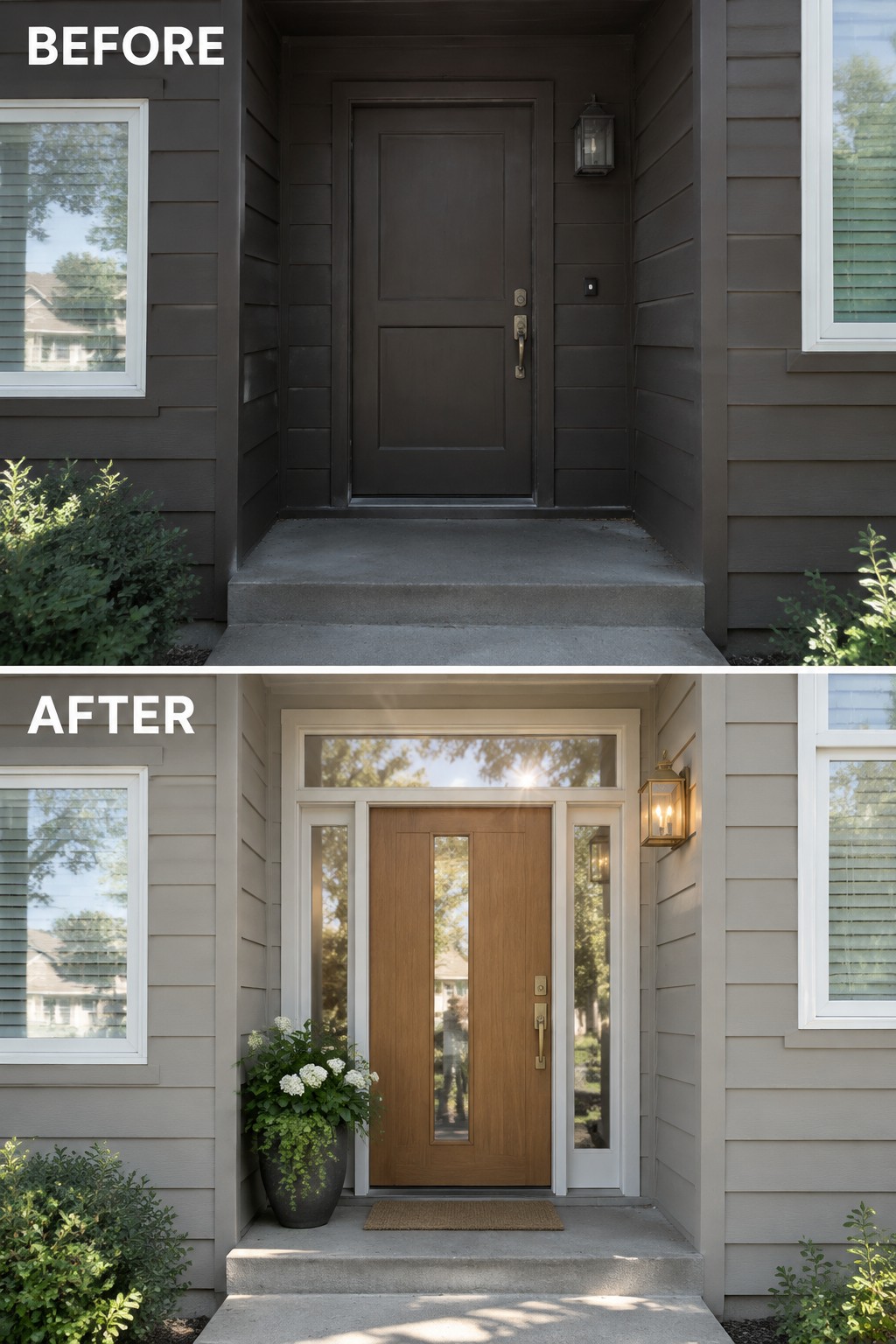 Before dark door on gray house and after light wood door with white trim and plants.