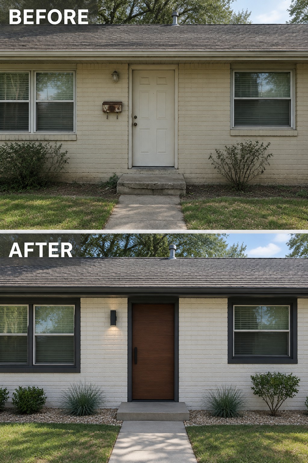 Before-and-after image of a ranch house exterior with a light front door changed to dark wood, black trim added around the windows and door, and gravel beds with grasses added along the foundation.