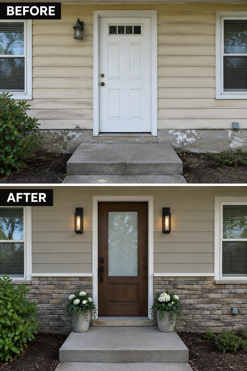 Before and after front door renovation with brown wood door, stone base, and potted plants