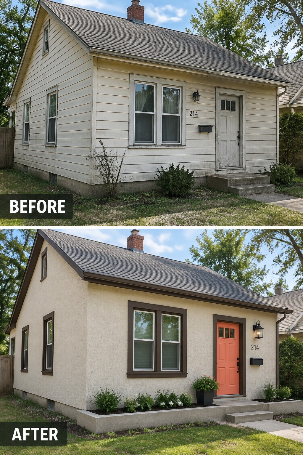 Before and after views of a house with fresh paint, orange door, and landscaping.
