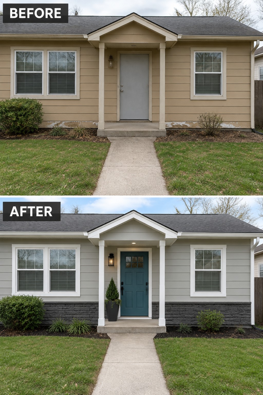 Before and after view of house exterior with new gray siding, teal door, and stone accents