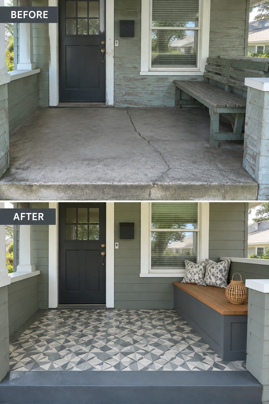 Before-and-after porch renovation with cracked concrete replaced by geometric tiles and bench.