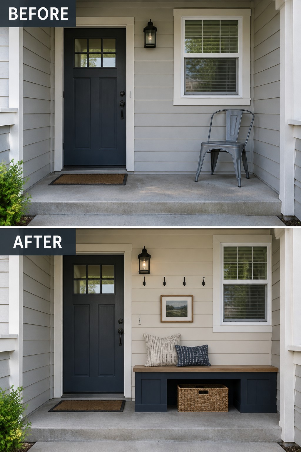 Porch before and after with metal chair replaced by navy storage bench and pillows.