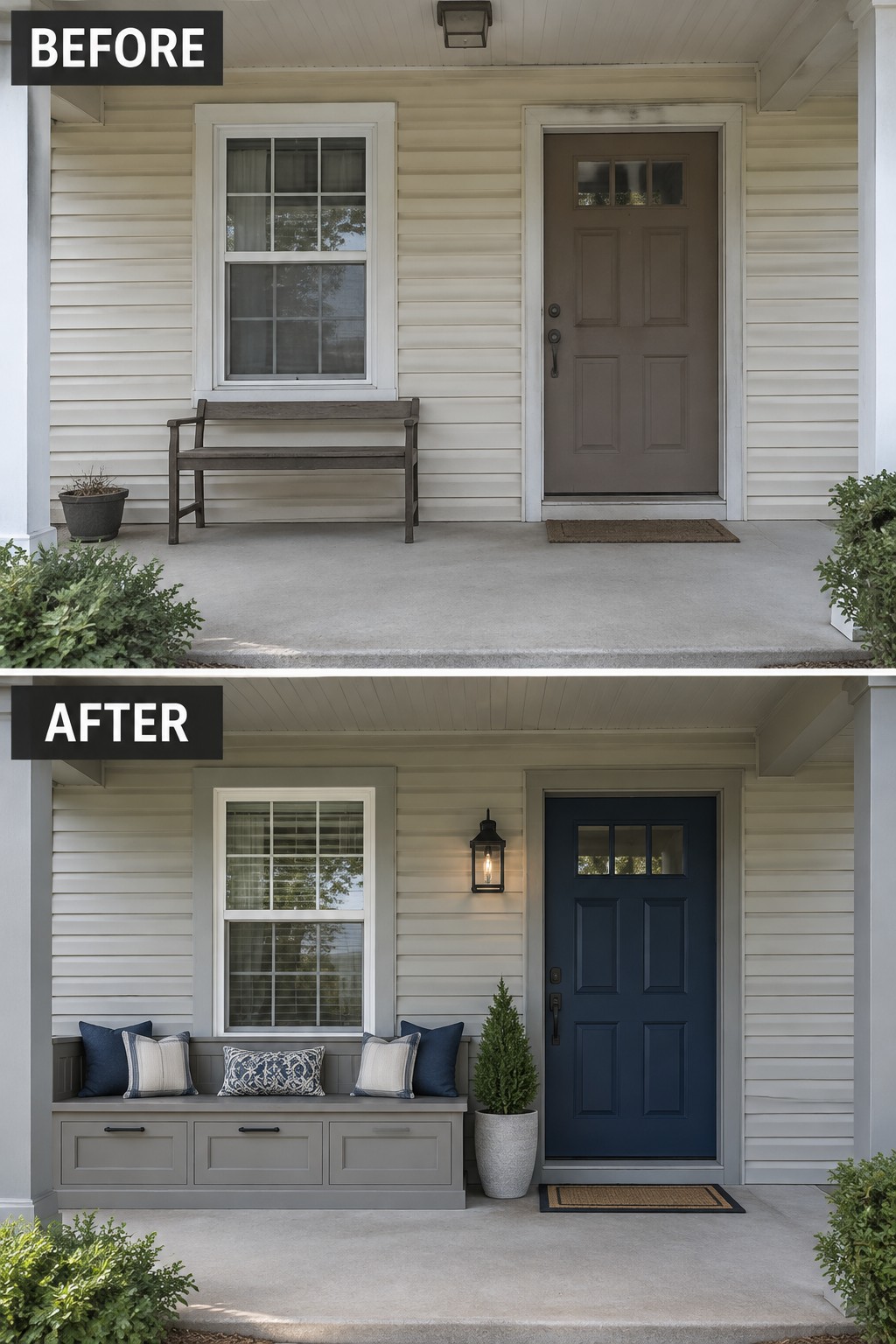 Before and after porch with navy door and gray built-in bench seating