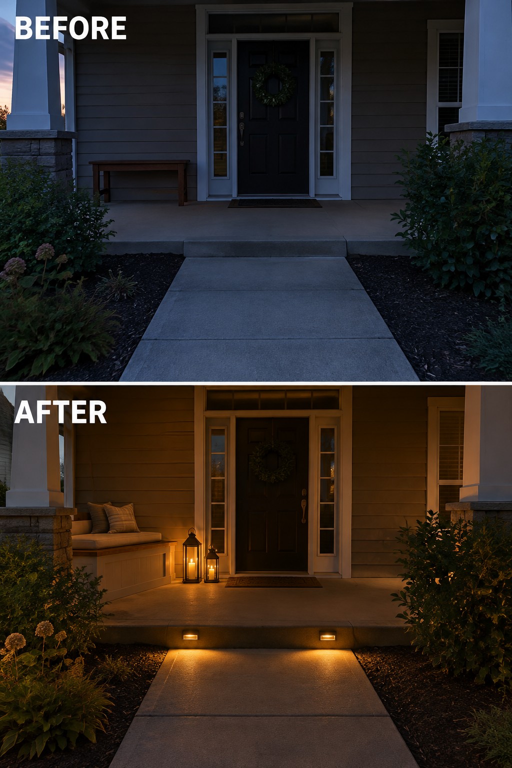 Before and after front porch with added lanterns, cushions, and glowing pathway lights.