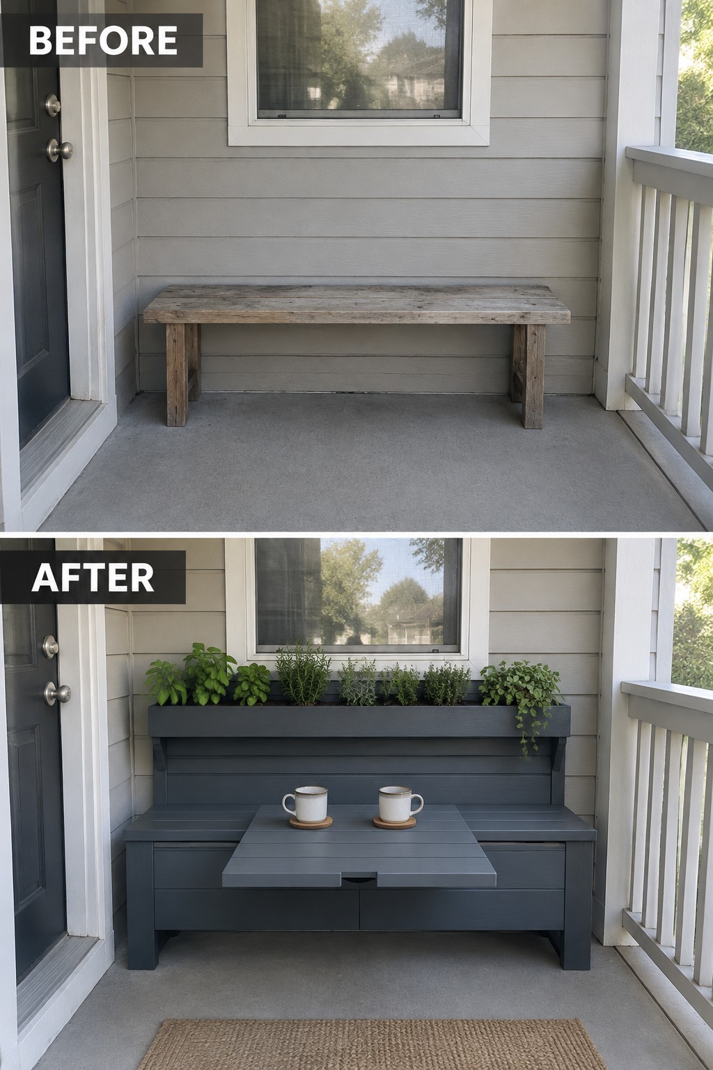 Before-and-after image of a front porch showing a plain wooden bench replaced by a dark built-in bench with storage, a fold-out table, and planters along the back.