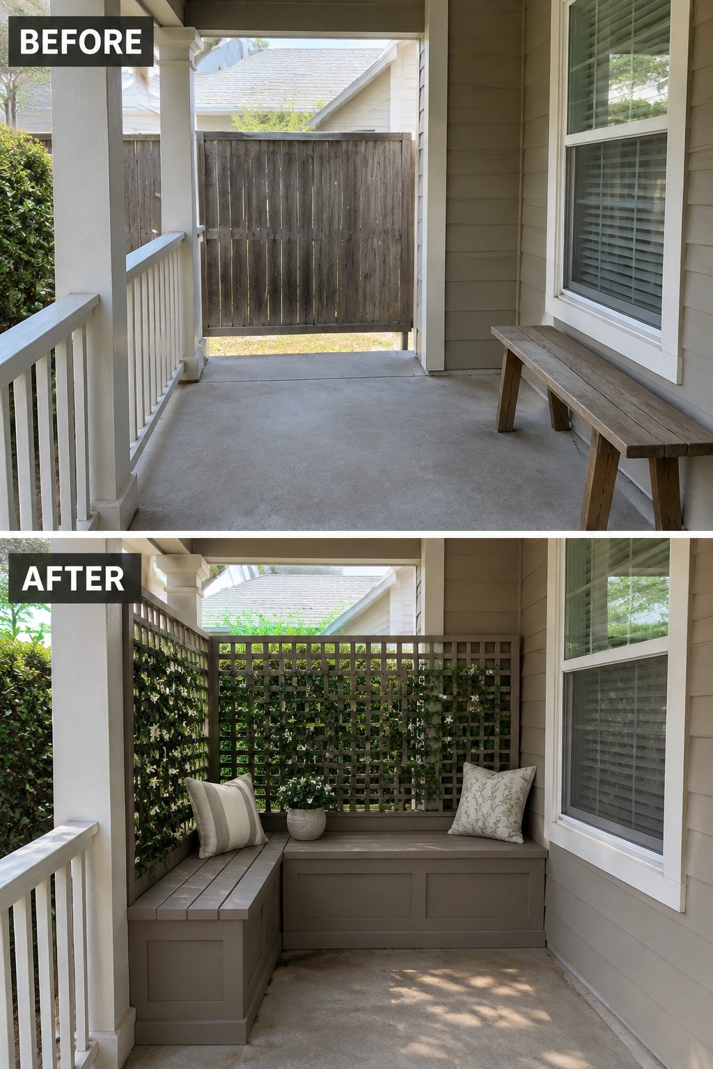Before and after porch with built-in gray benches, lattice, and greenery.