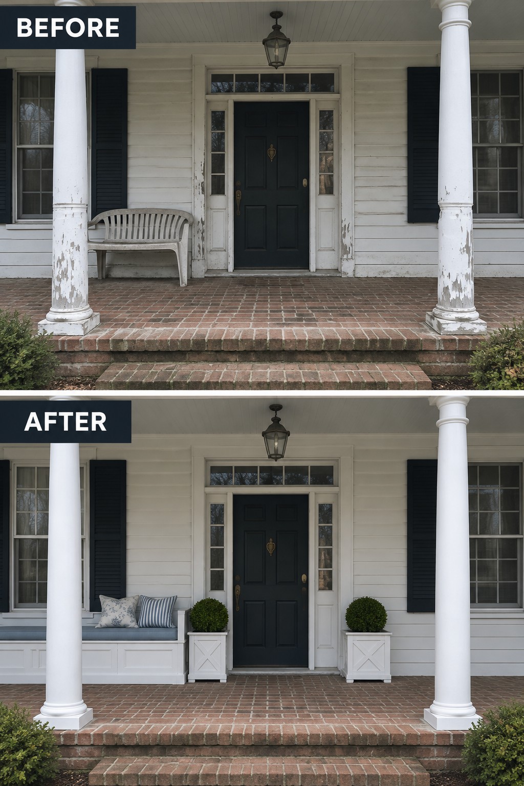 Before-and-after porch renovation with new bench, planters, and painted columns.