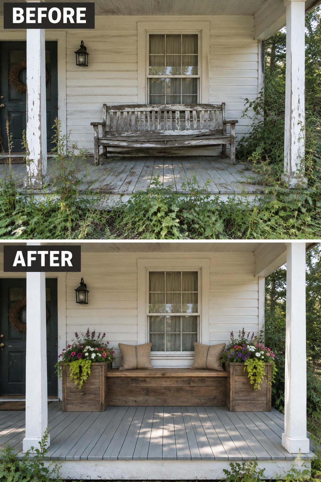 Before and after porch: broken weathered bench replaced by wooden planter bench with flowers.