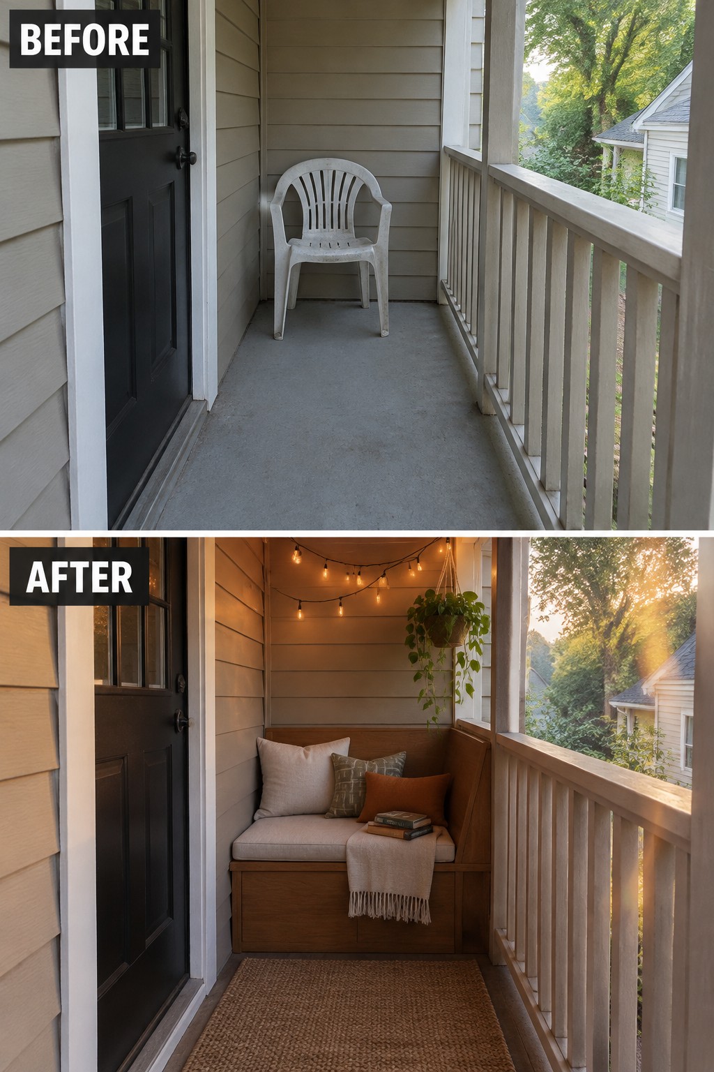 Before-and-after porch with plastic chair transformed into cozy bench nook with lights and pillows