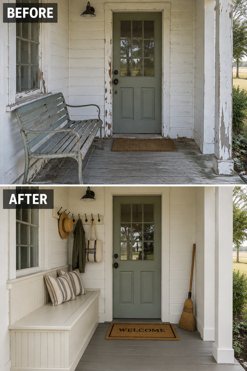 Before-and-after porch renovation: peeling paint and rusty bench replaced by built-in seating, hooks, and welcome mat