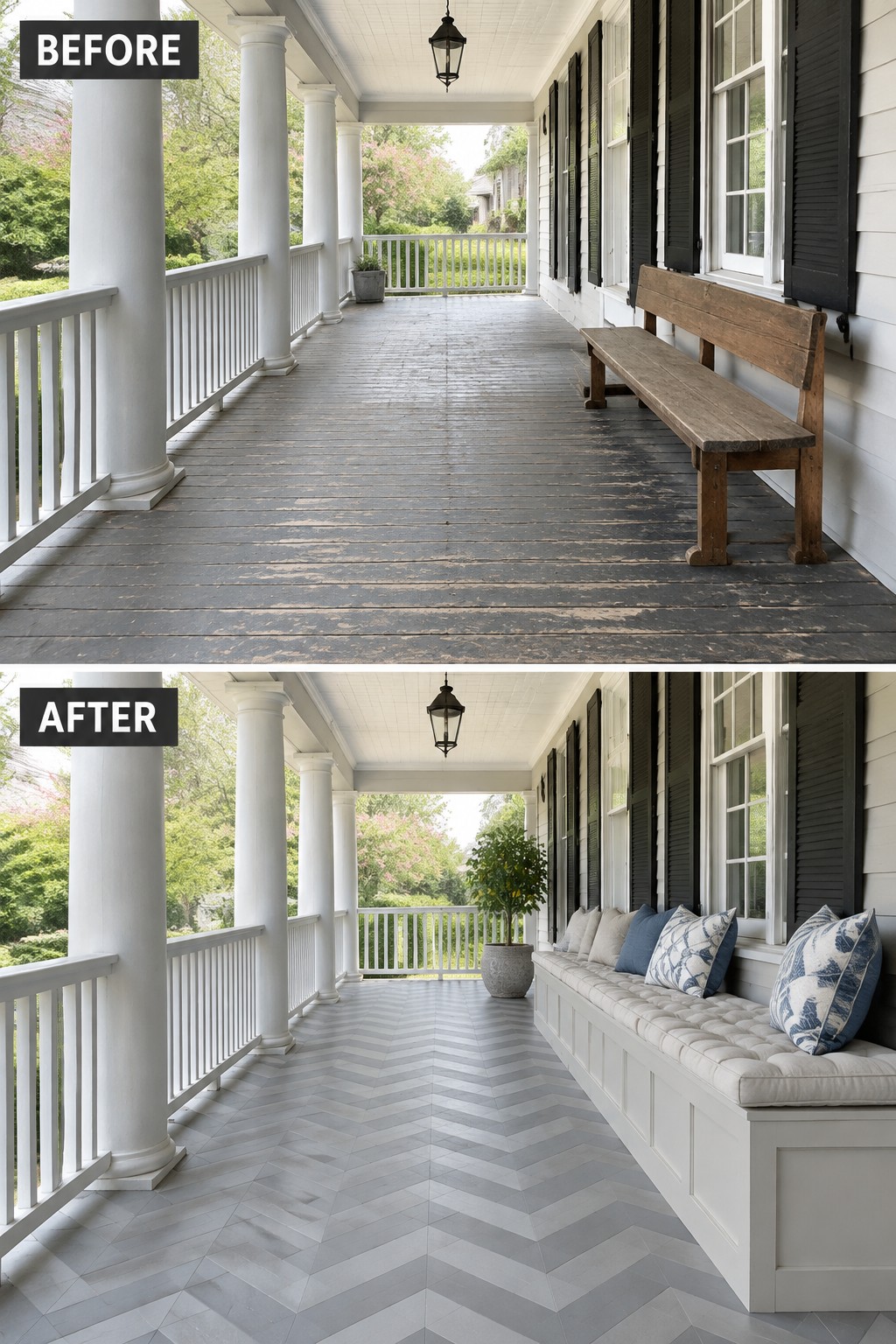 Before and after porch with weathered wood deck versus gray herringbone tiles and cushioned bench
