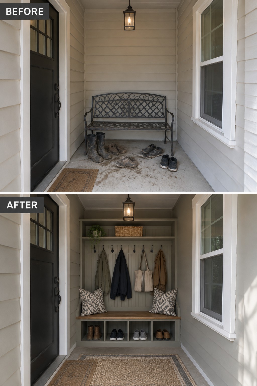 Before and after of cluttered entryway transformed into organized built-in bench with storage hooks.