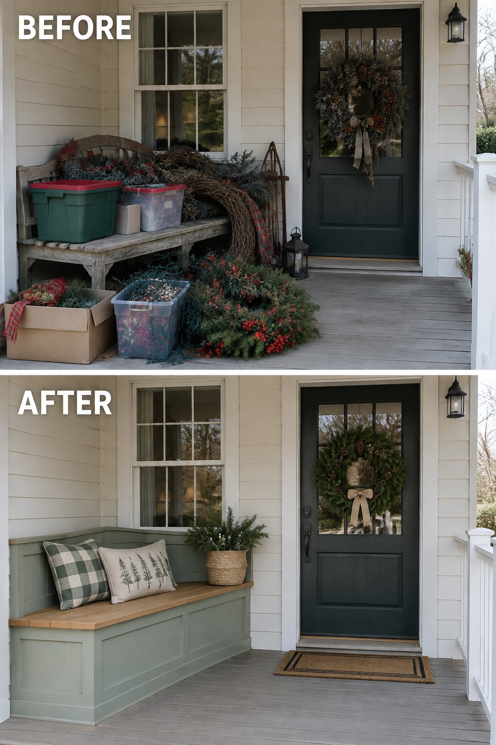 Before-and-after porch: cluttered bins and wreaths transformed into tidy built-in bench with cushions.