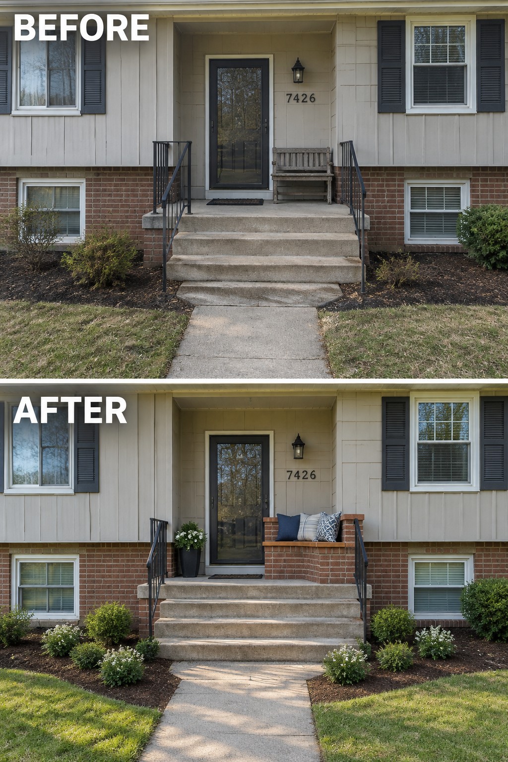Before and after house entrance with new landscaping, flowers, and cushions.