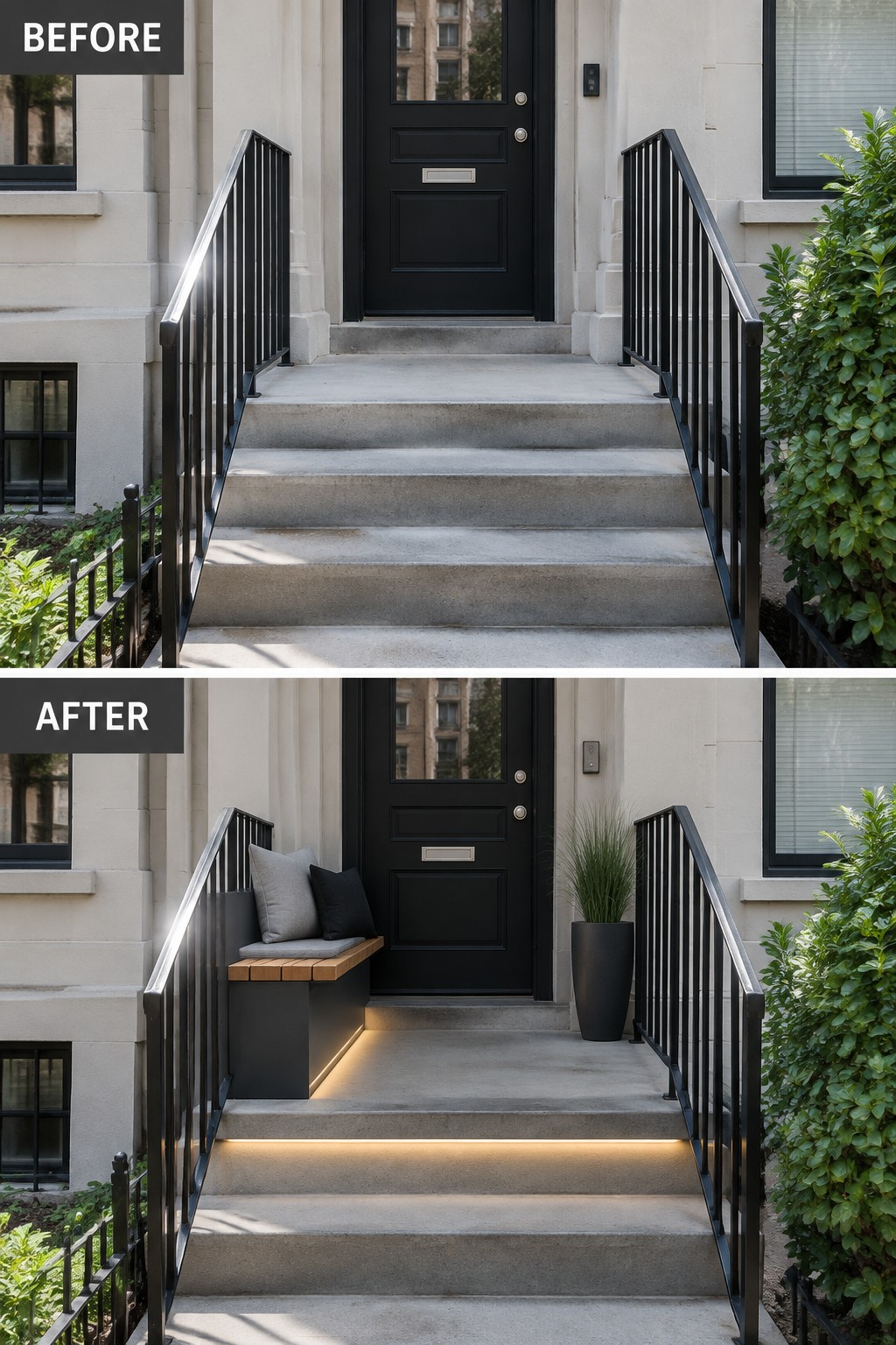 Before-and-after entry stairs with black door, railings, bench, underlighting, and planter.