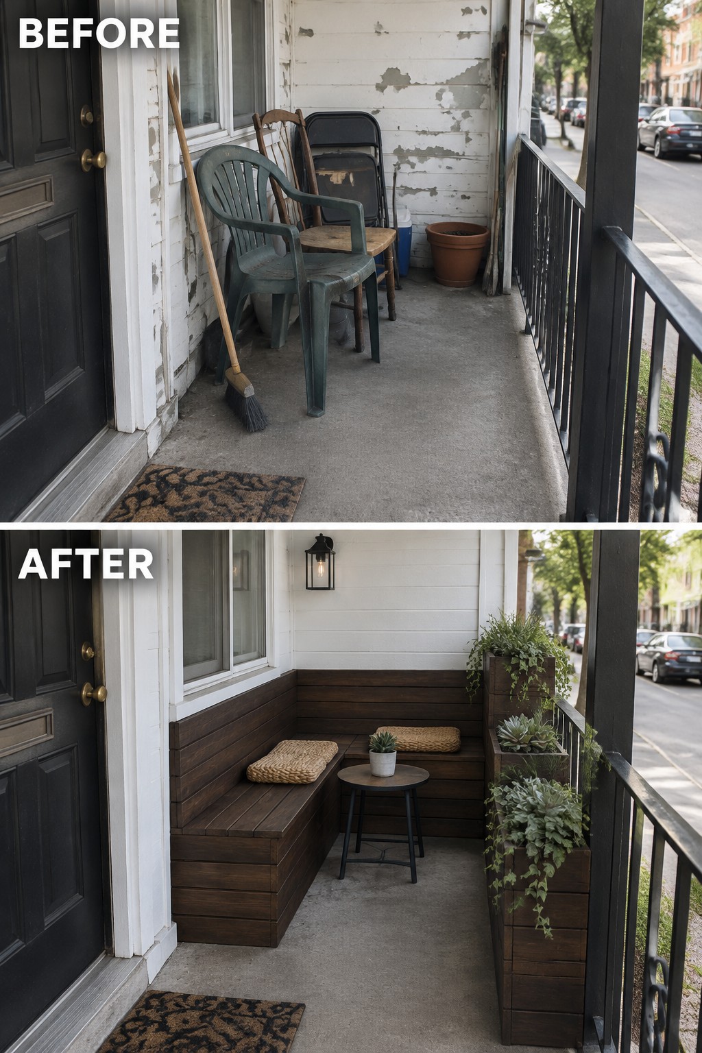 Before-and-after porch with cluttered chairs transformed into wooden bench and planters.