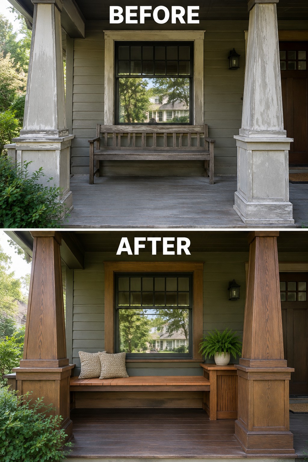 Before-and-after image of a front porch with a loose bench updated to a built-in bench between stained columns and a small side table.