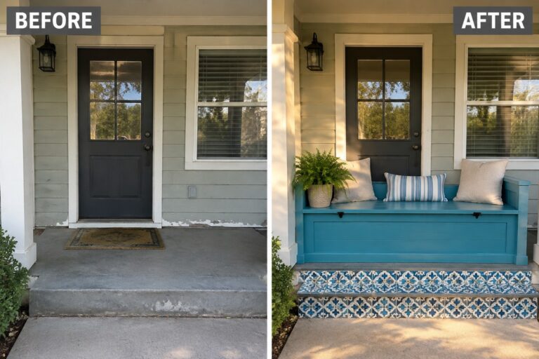 Before and after porch with teal bench, pillows, potted plant, and tile accents